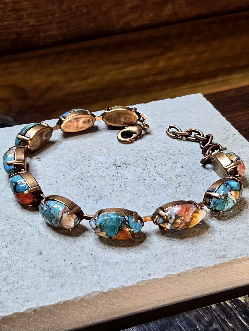 Genuine Spiny Oyster Turquoise In LONG Antique Copper Bracelet
